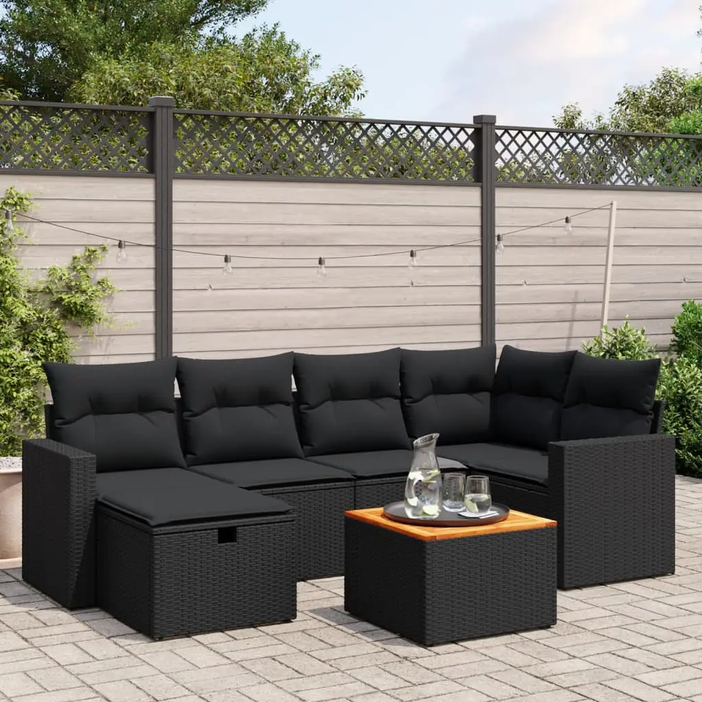 Set Divani da Giardino con Cuscini 7pz Nero Polyrattan