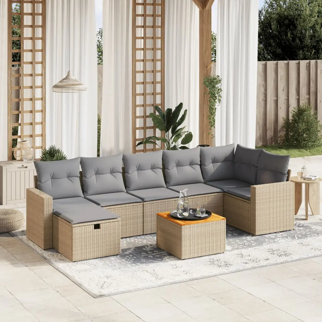 Set Divano da Giardino 8 pz con Cuscini Beige Misto Polyrattan