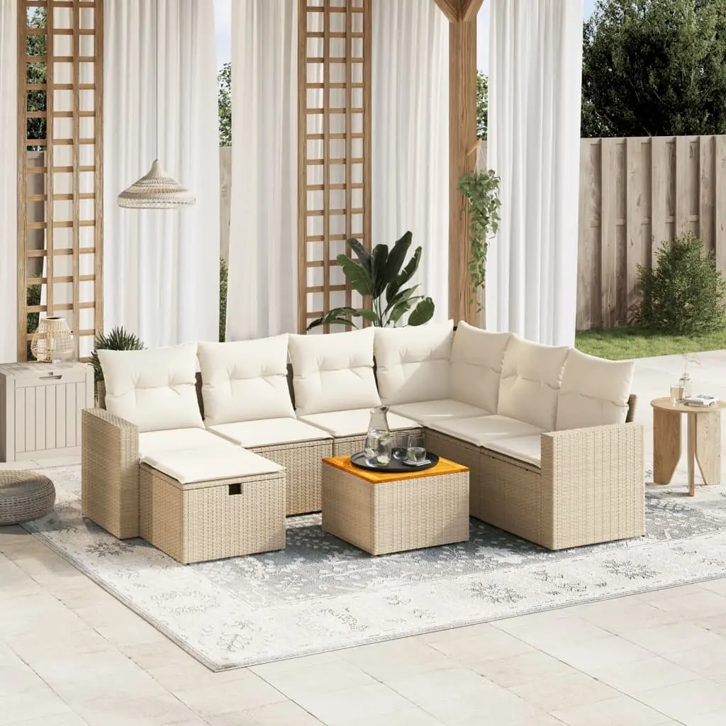 Set Divano da Giardino 8 pz con Cuscini Beige in Polyrattan