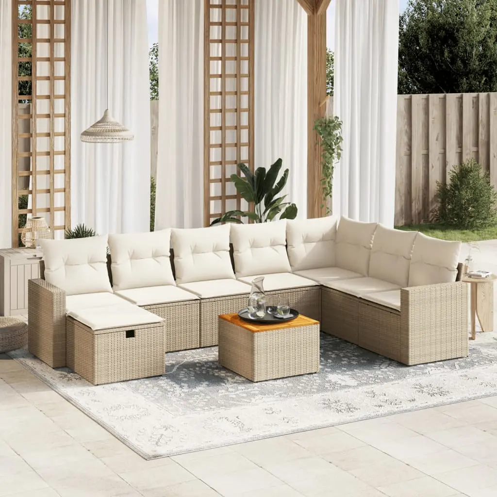 Set Divano da Giardino 9 pz con Cuscini Beige in Polyrattan