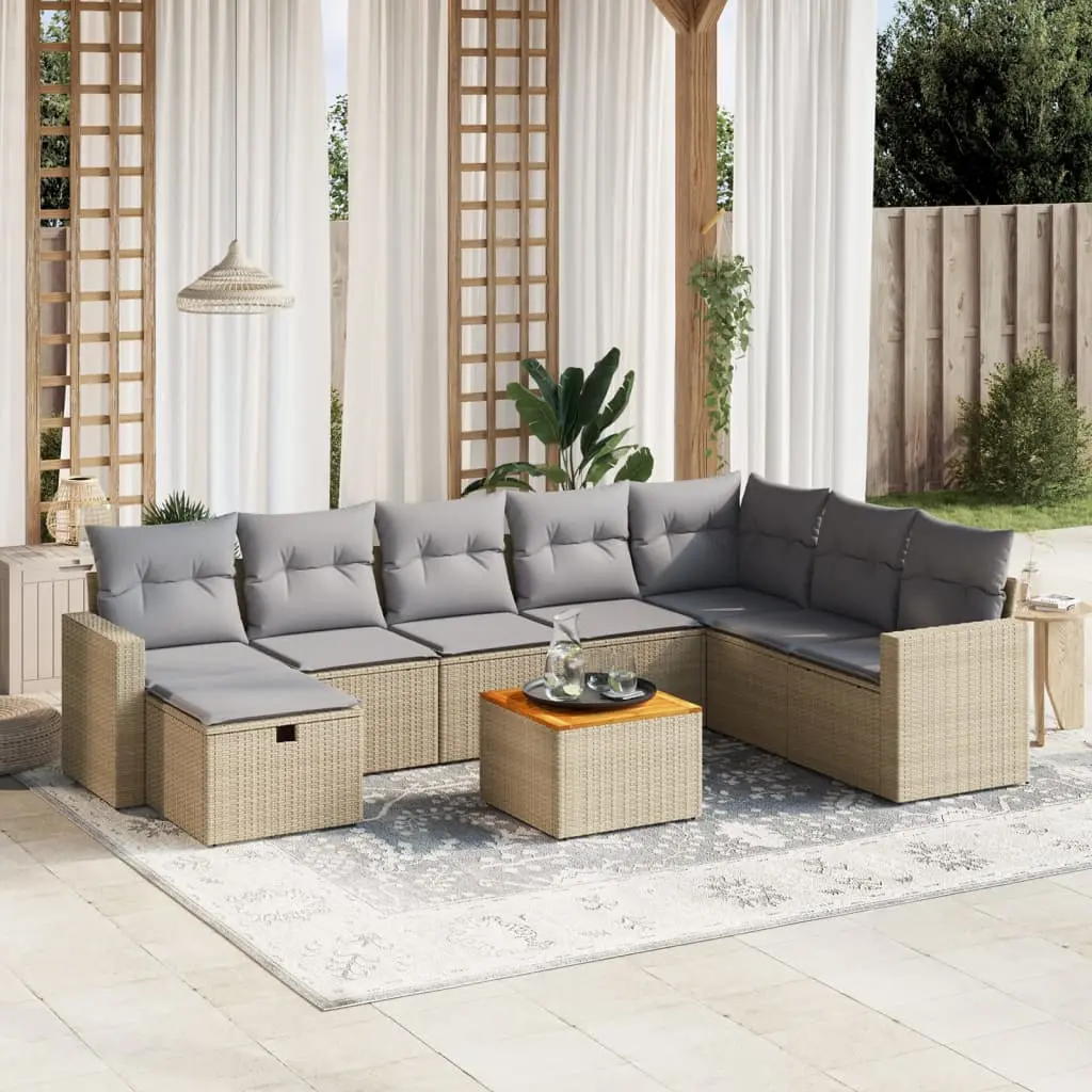 Set Divano da Giardino 9 pz con Cuscini Beige Misto Polyrattan