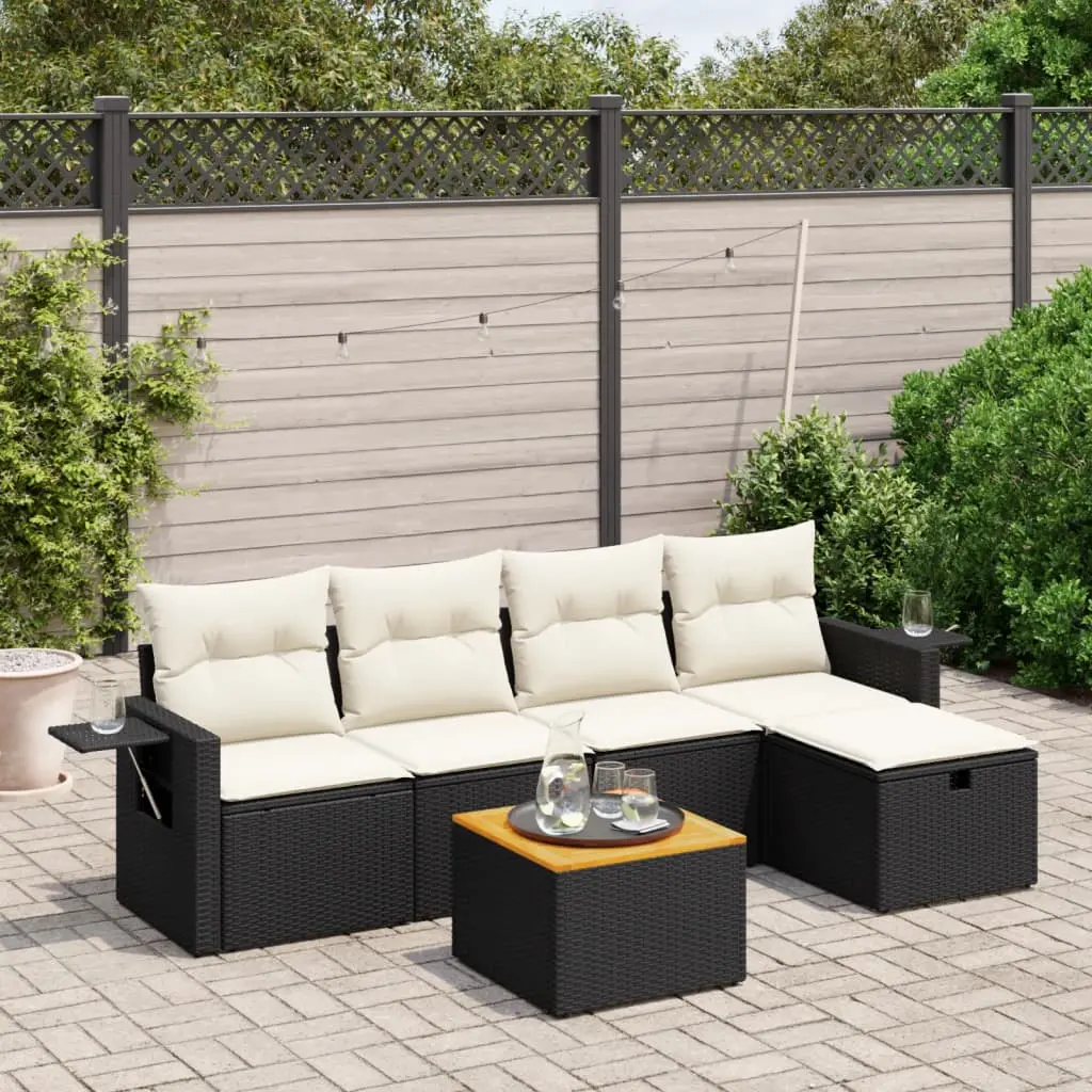 Set Divano da Giardino 6 pz con Cuscini Nero in Polyrattan