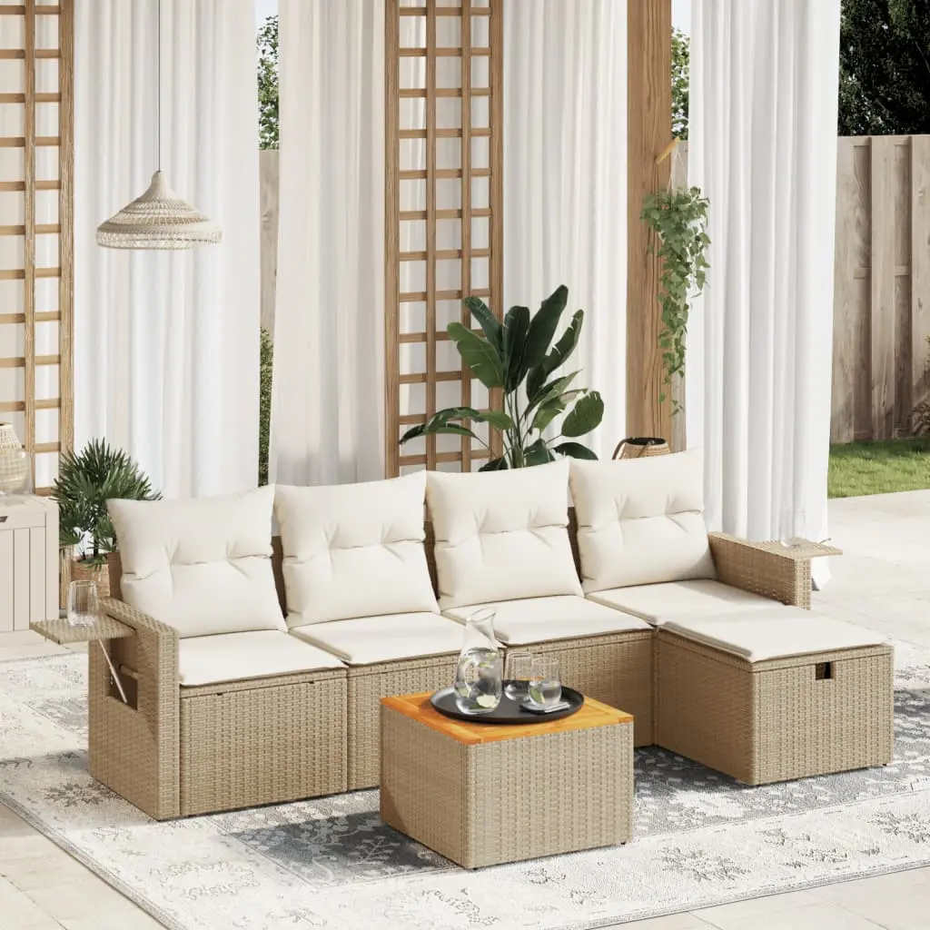 Set Divano da Giardino 6 pz con Cuscini Beige in Polyrattan