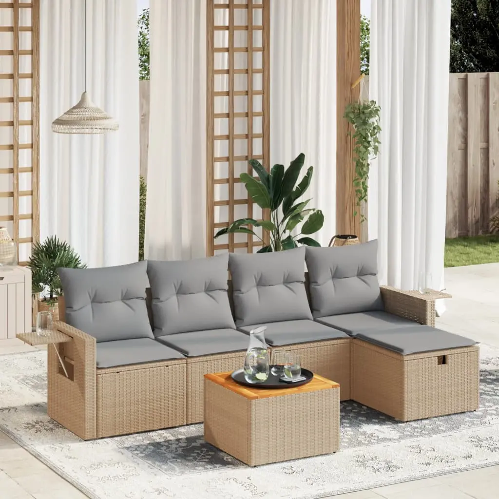 Set Divano da Giardino 6 pz con Cuscini Beige Misto Polyrattan