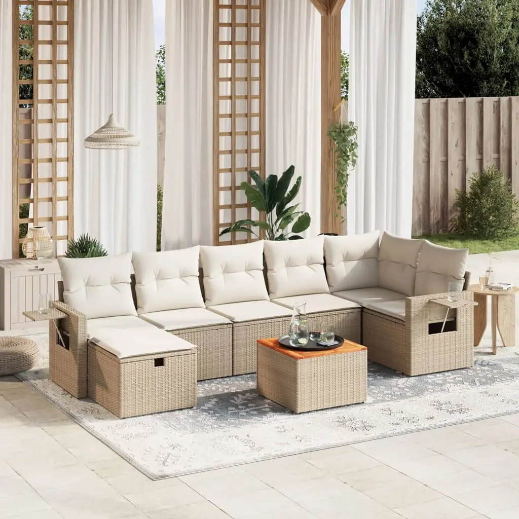 Set Divano da Giardino 8 pz con Cuscini Beige in Polyrattan