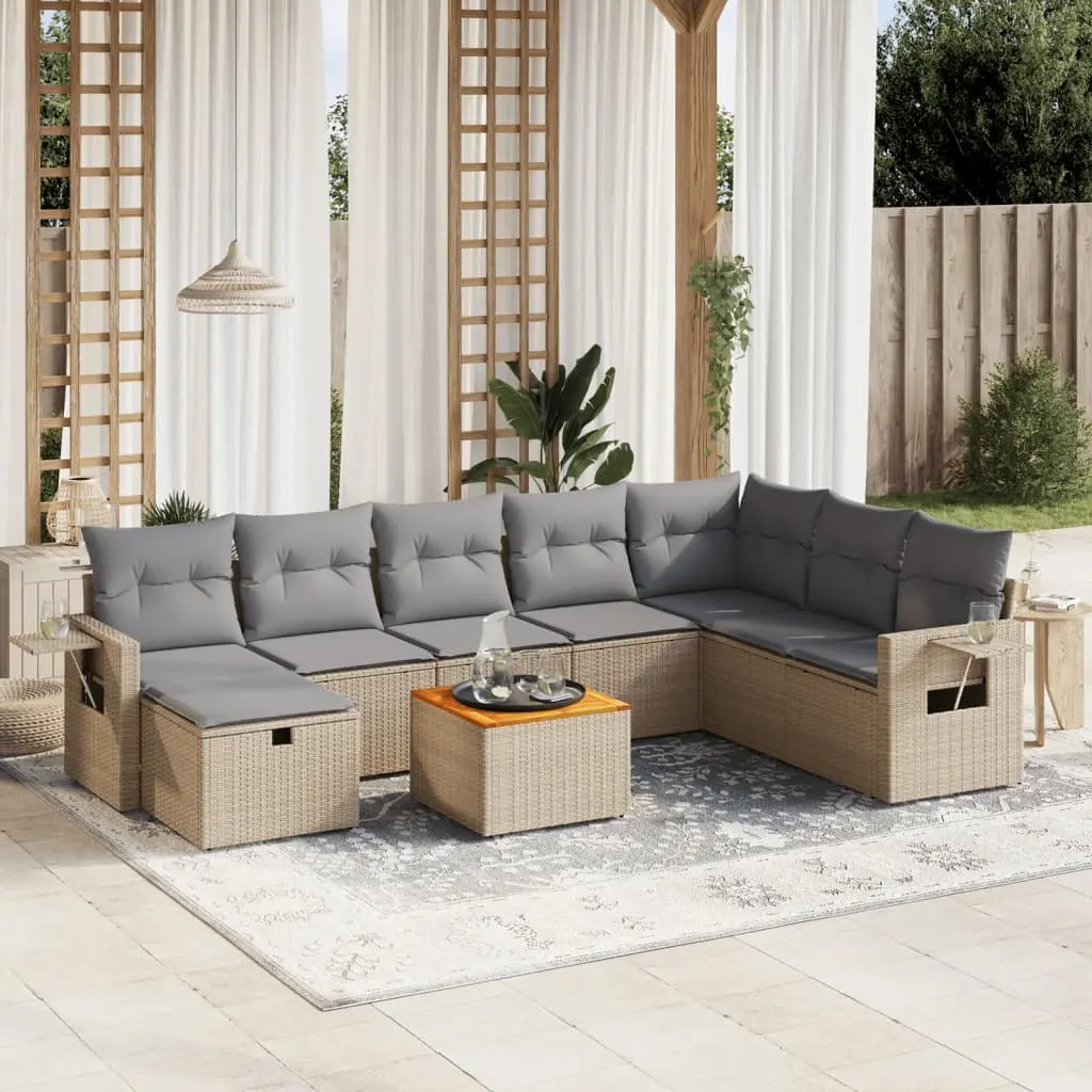 Set Divano da Giardino 9 pz con Cuscini Beige Misto Polyrattan