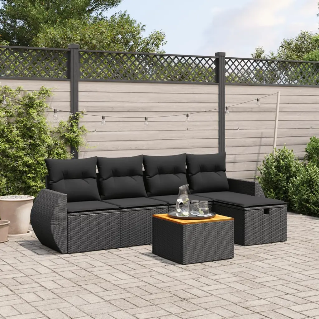 Set Divano da Giardino 6 pz con Cuscini Nero in Polyrattan