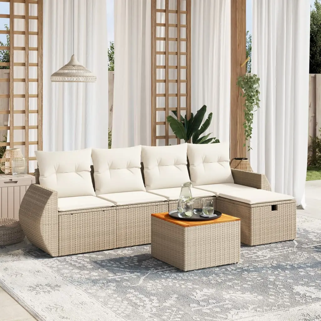 Set Divano da Giardino 6 pz con Cuscini Beige in Polyrattan