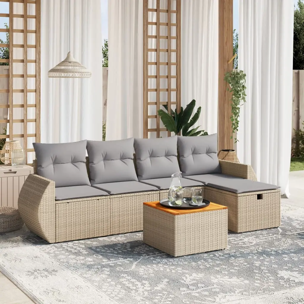 Set Divano da Giardino 6 pz con Cuscini Beige Misto Polyrattan