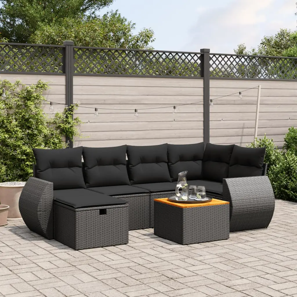 Set Divani da Giardino con Cuscini 7pz Nero Polyrattan