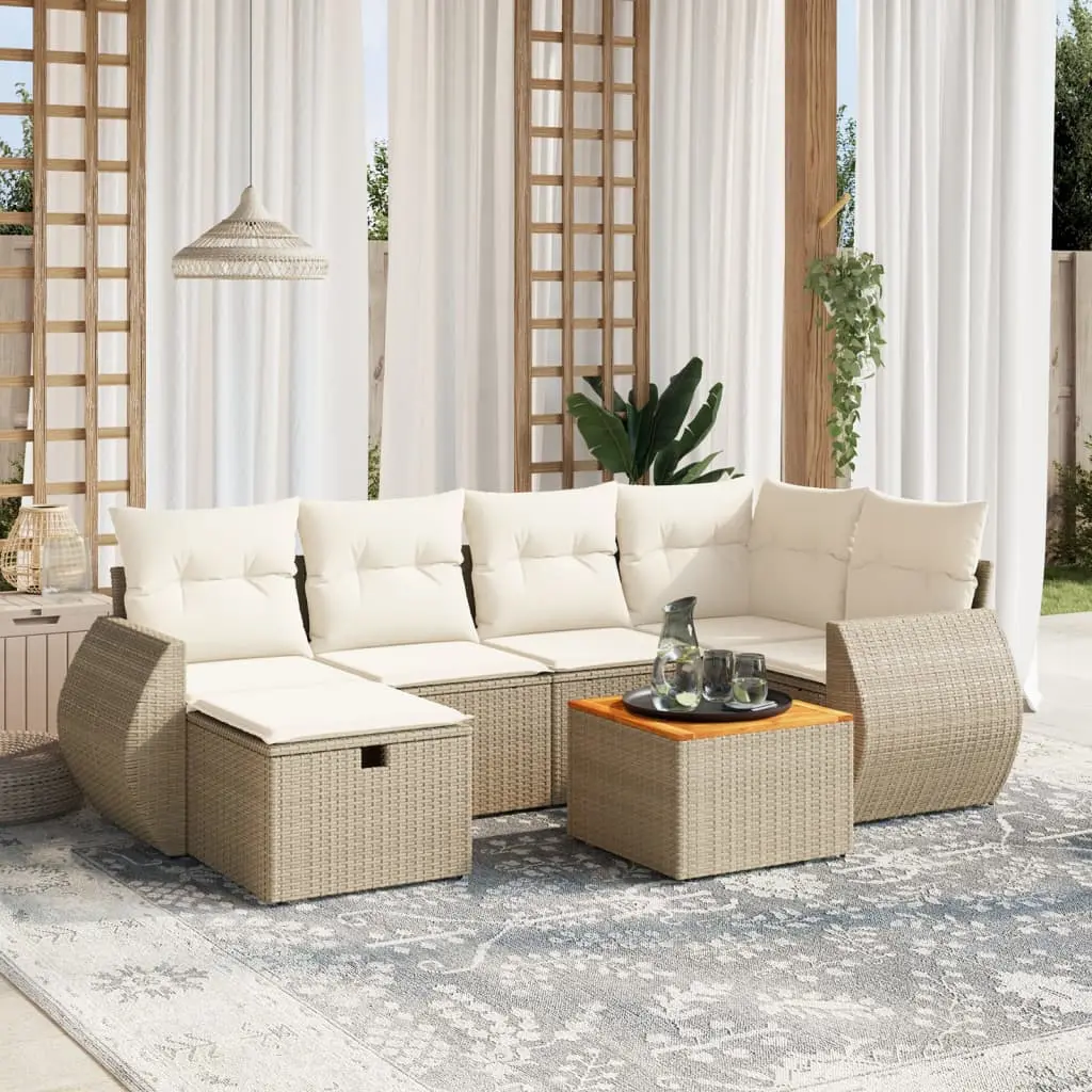 Set Divani da Giardino 7 pz con Cuscini Beige in Polyrattan