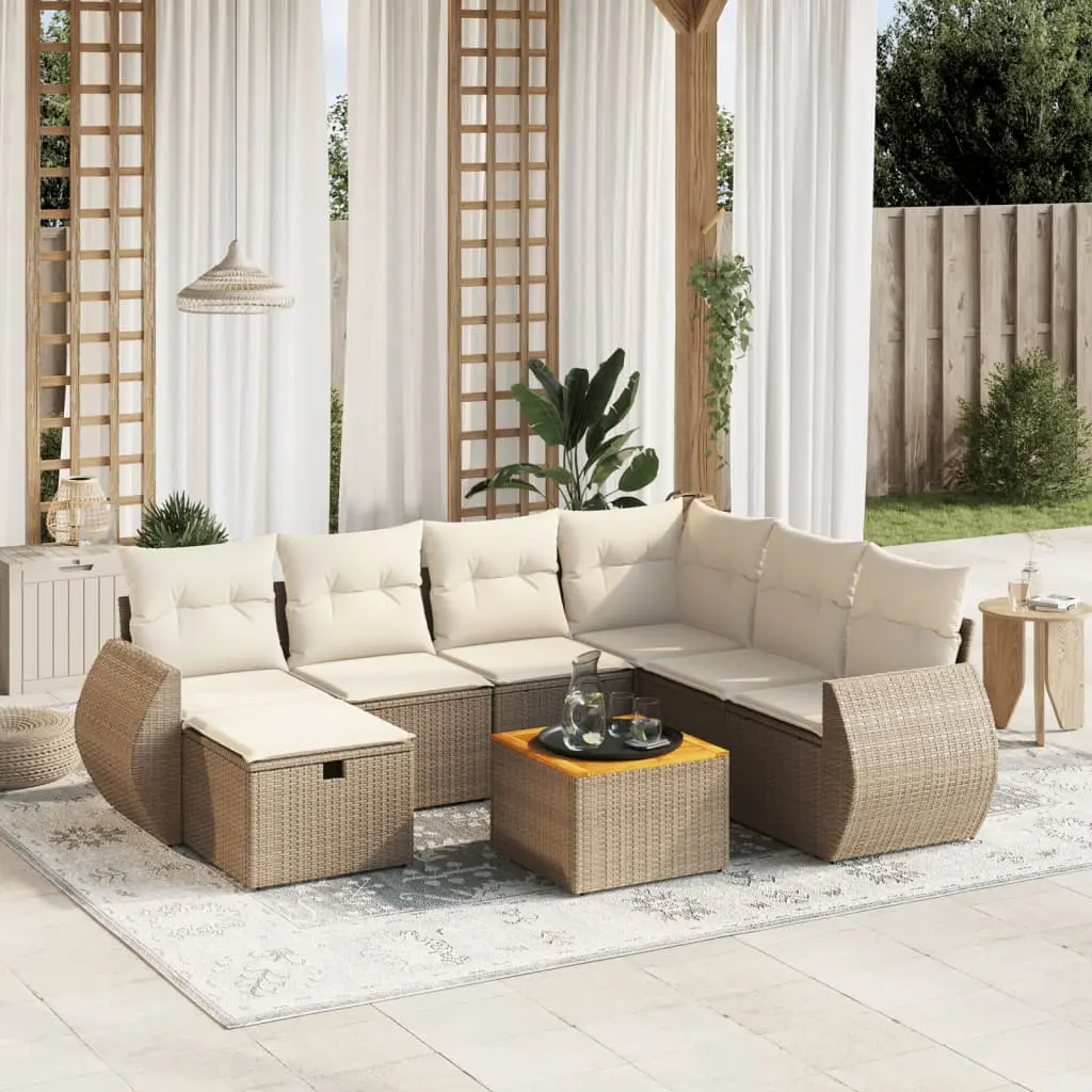 Set Divano da Giardino 8 pz con Cuscini Beige in Polyrattan