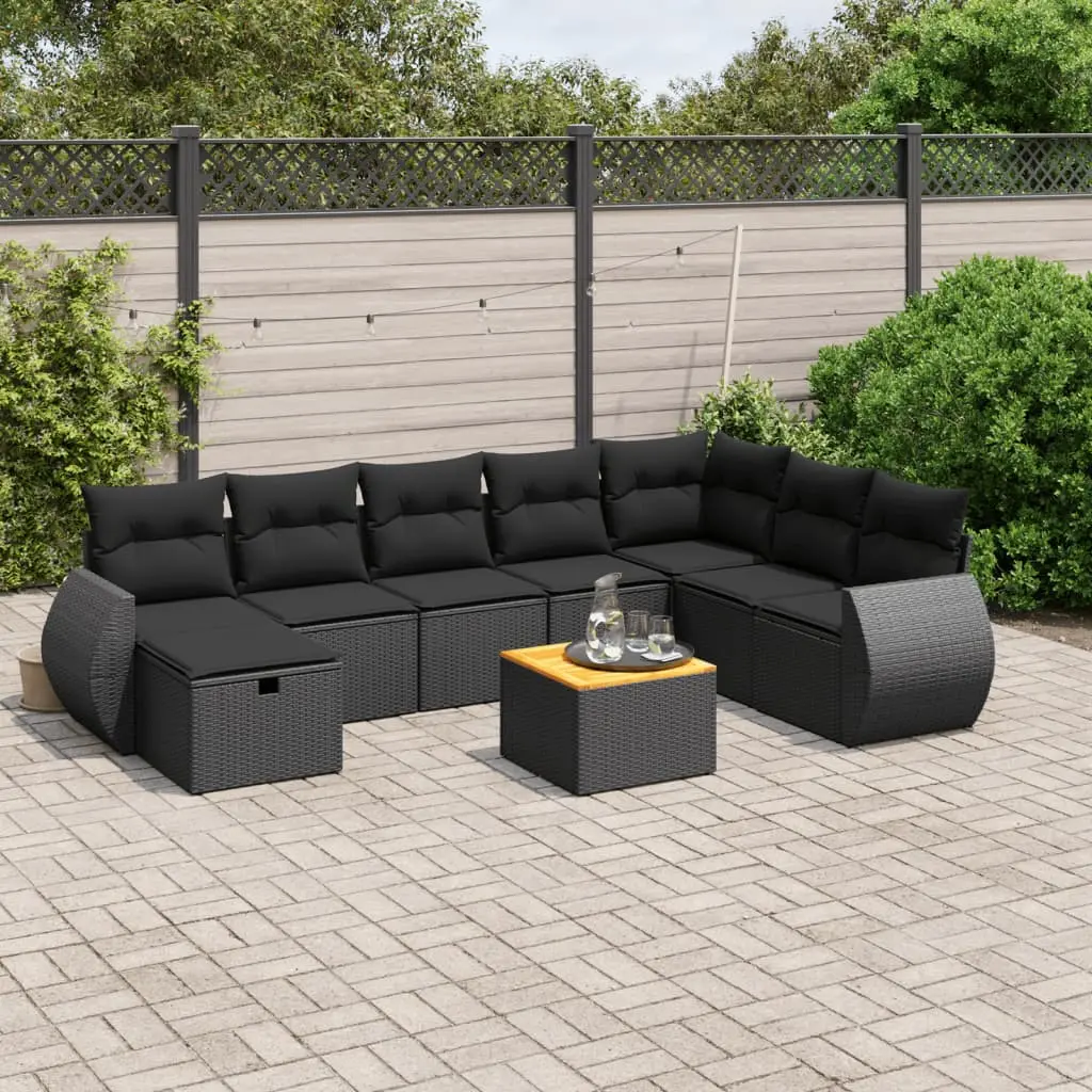 Set Divani da Giardino 9 pz con Cuscini Nero in Polyrattan