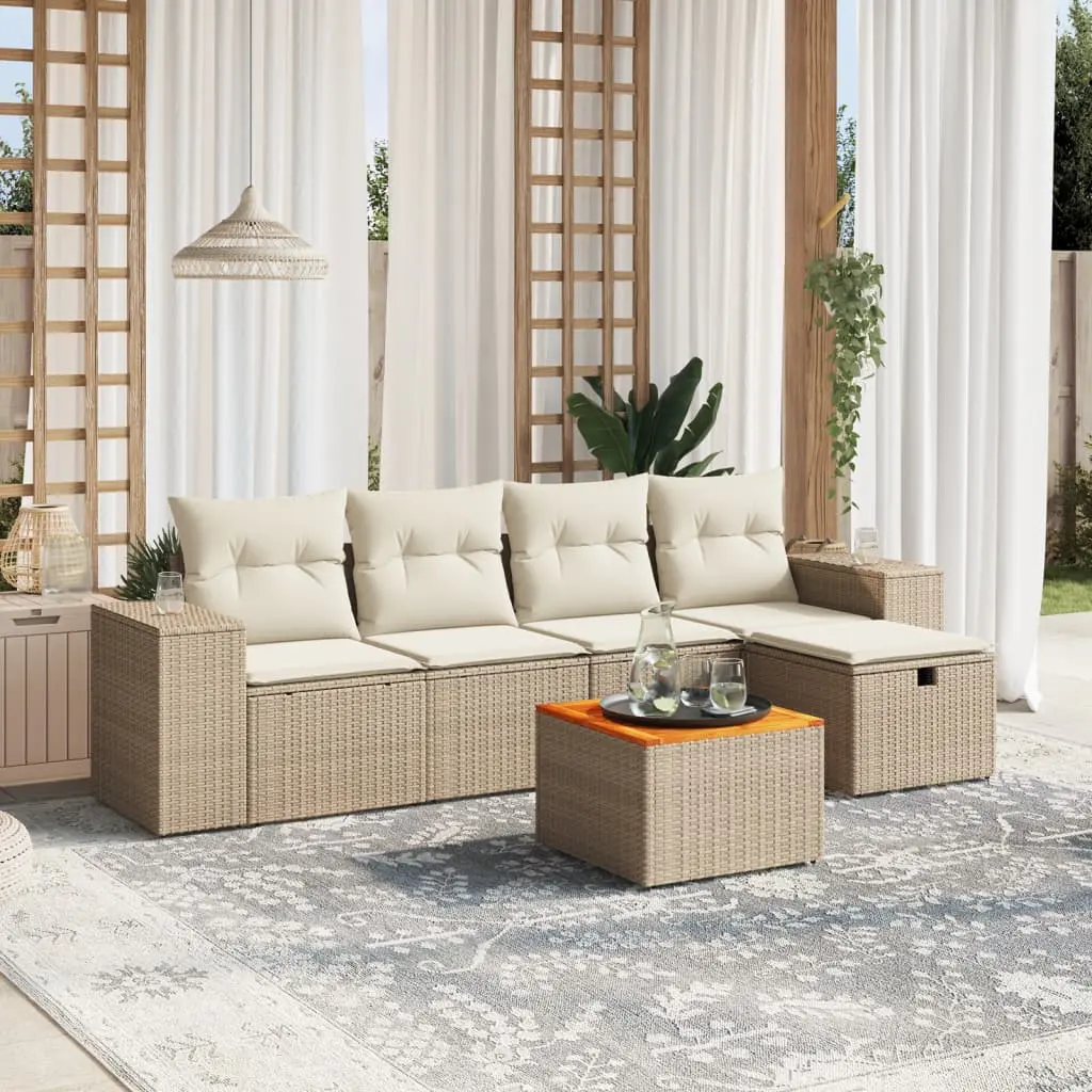 Set Divano da Giardino 6 pz con Cuscini Beige in Polyrattan