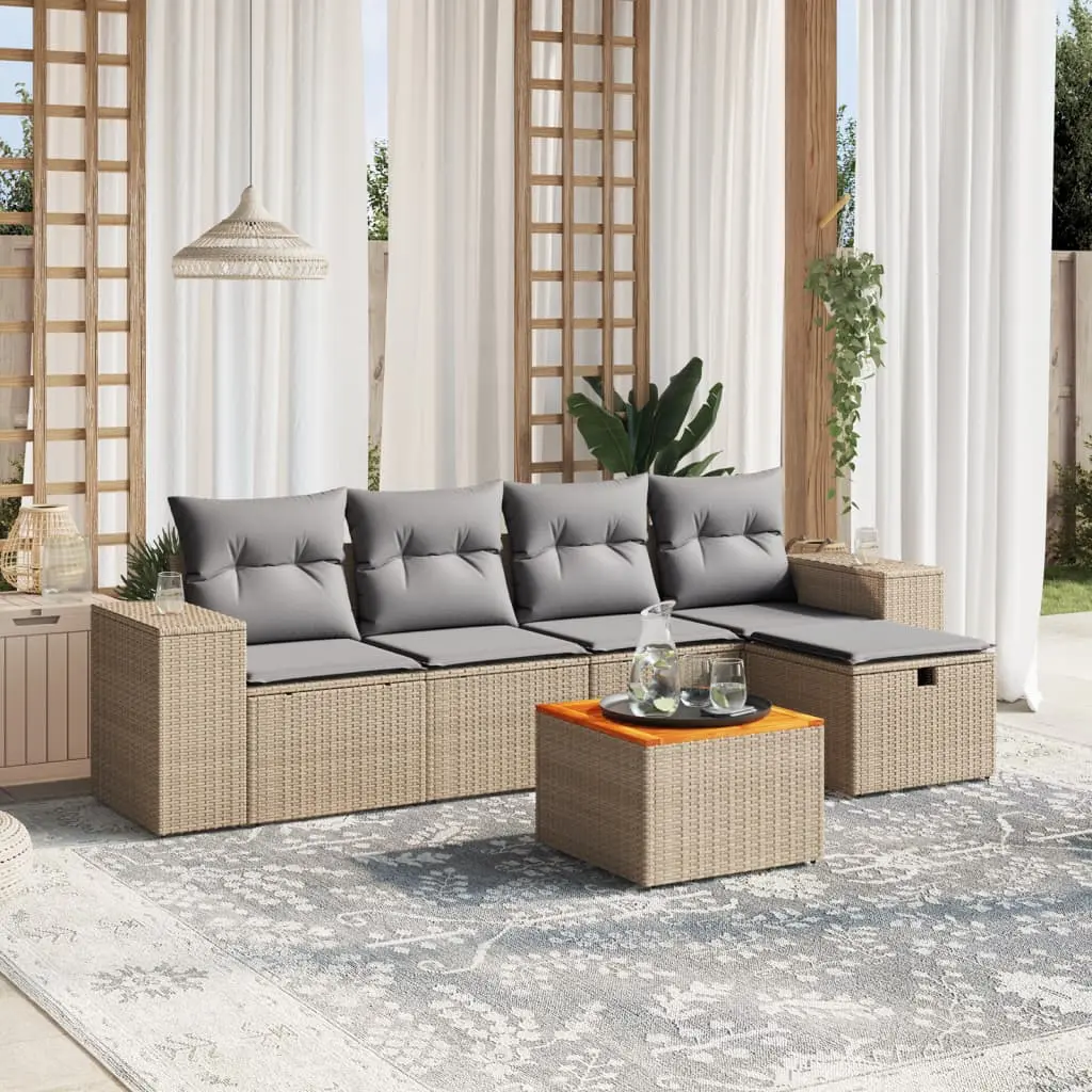 Set Divano da Giardino 6 pz con Cuscini Beige Misto Polyrattan