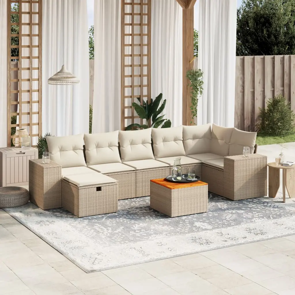 Set Divano da Giardino 8 pz con Cuscini Beige in Polyrattan