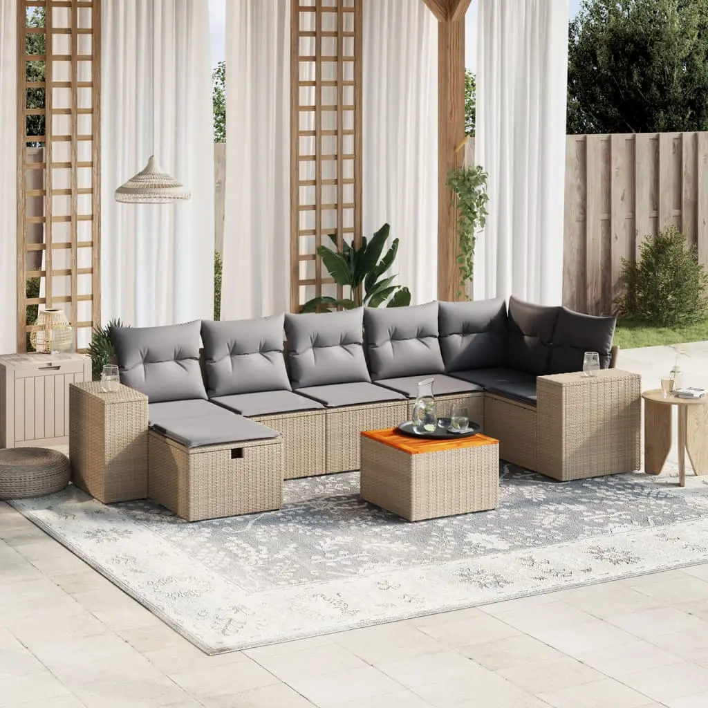 Set Divano da Giardino 8 pz con Cuscini Beige Misto Polyrattan