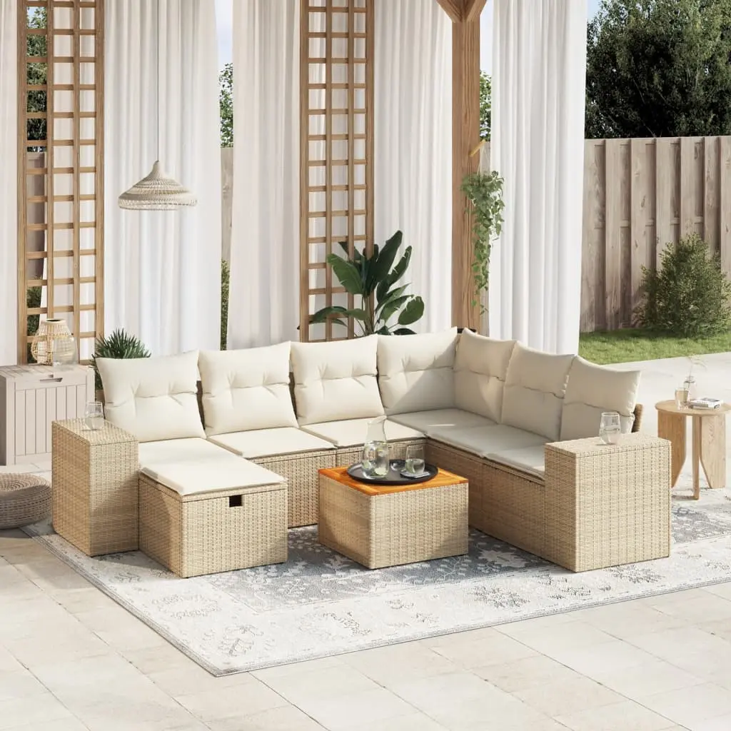 Set Divano da Giardino 8 pz con Cuscini Beige in Polyrattan