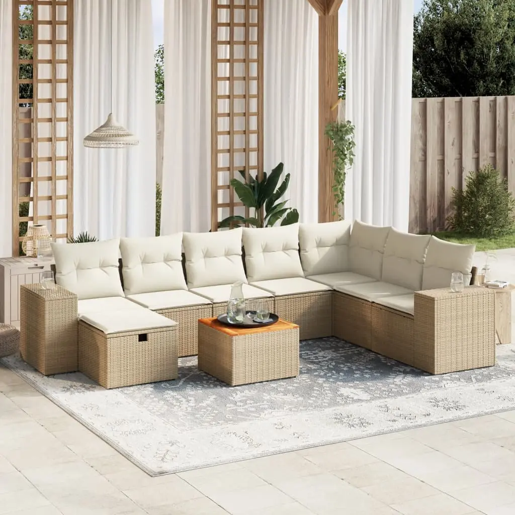 Set Divano da Giardino 9 pz con Cuscini Beige in Polyrattan