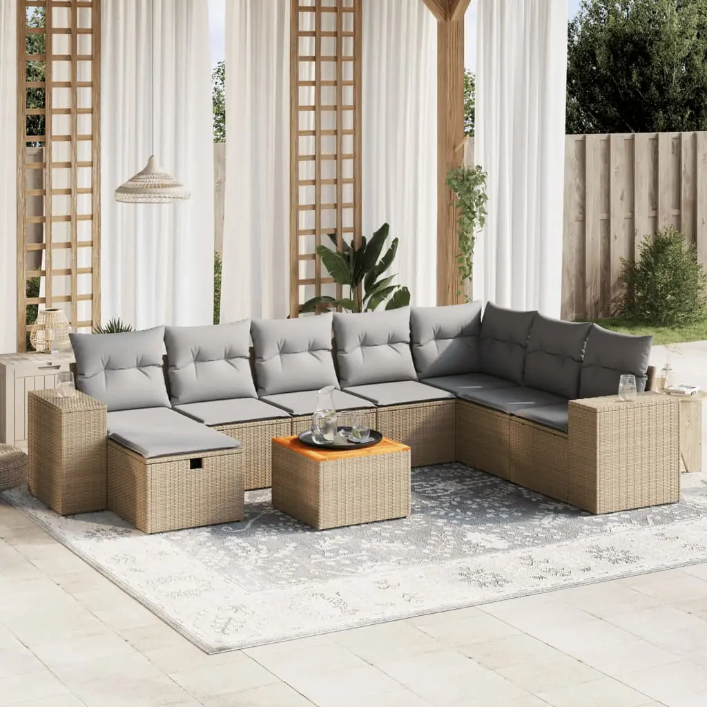 Set Divano da Giardino 9 pz con Cuscini Beige Misto Polyrattan