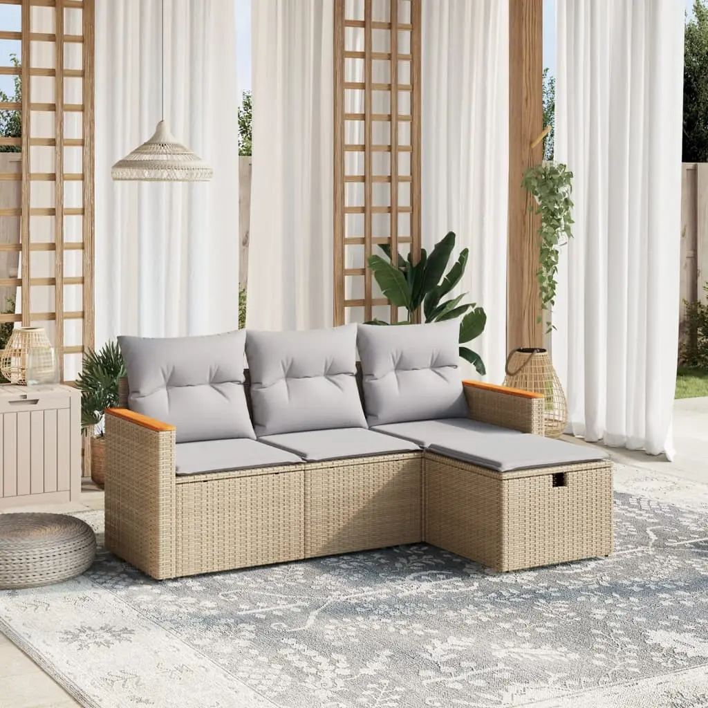 Set Divano da Giardino 4 pz con Cuscini Beige Misto Polyrattan