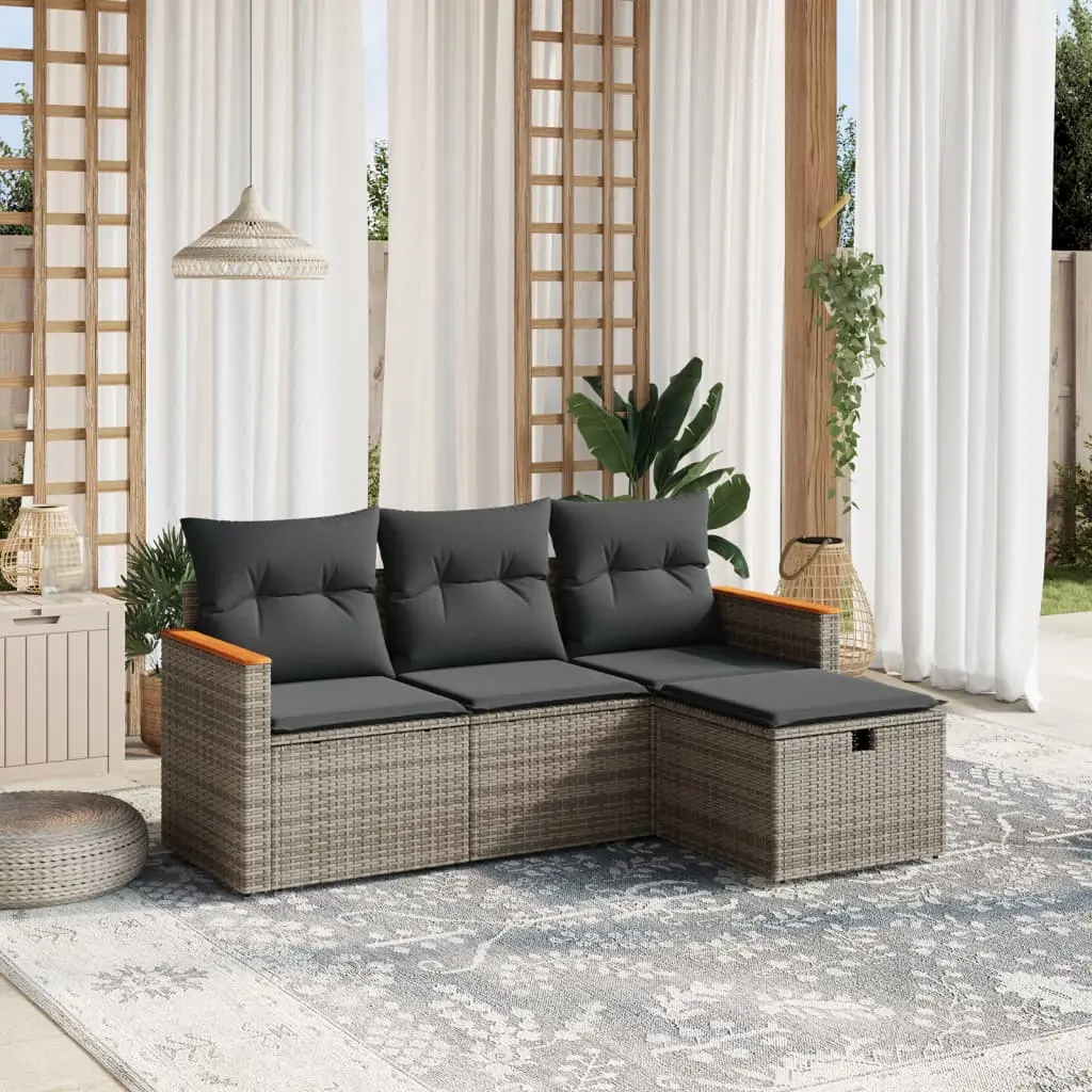 Set Divani da Giardino 4 pz con Cuscini in Polyrattan Grigio