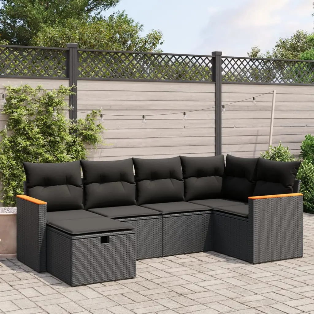 Set Divano da Giardino 6 pz con Cuscini Nero in Polyrattan