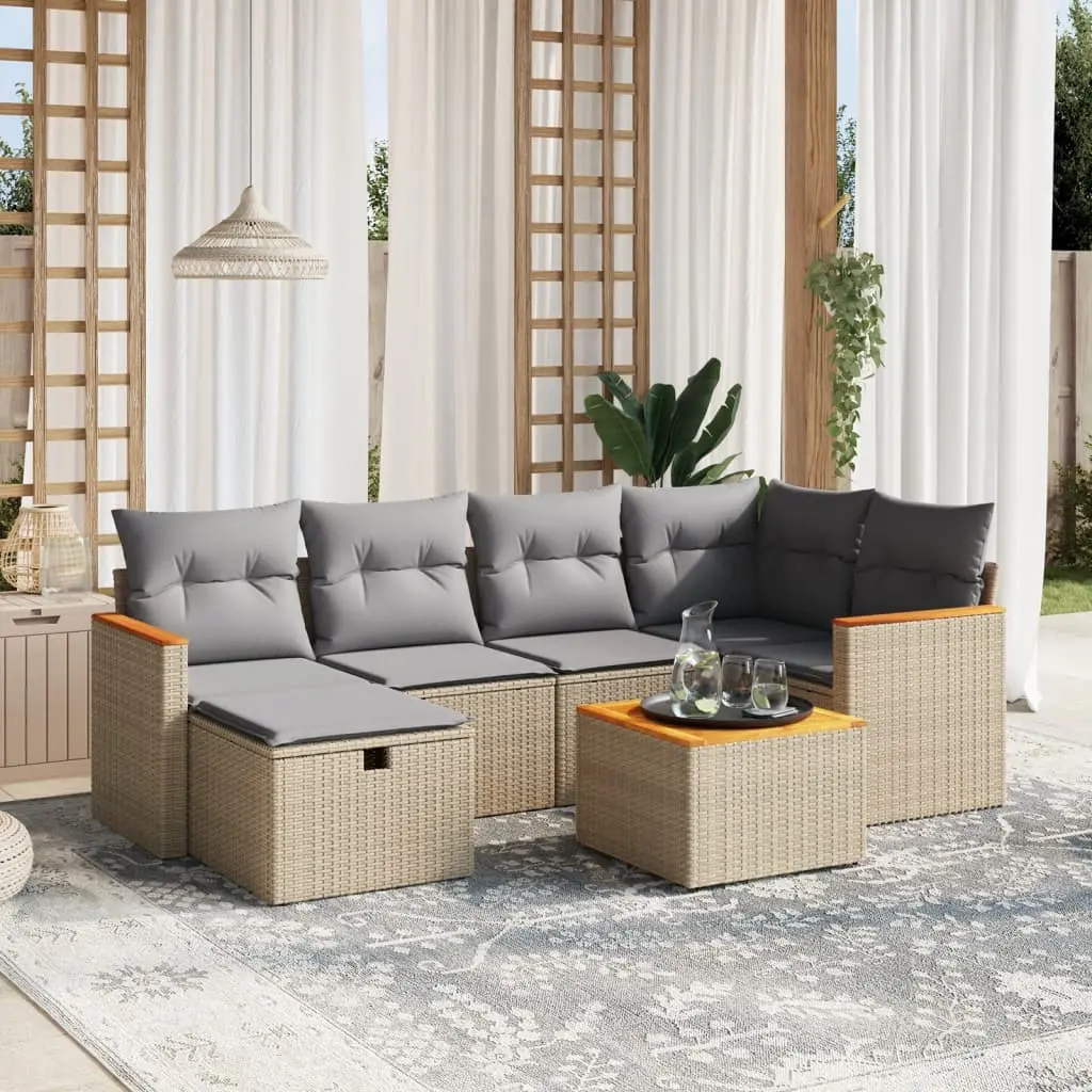 Set Divano da Giardino 7 pz con Cuscini Beige Misto Polyrattan