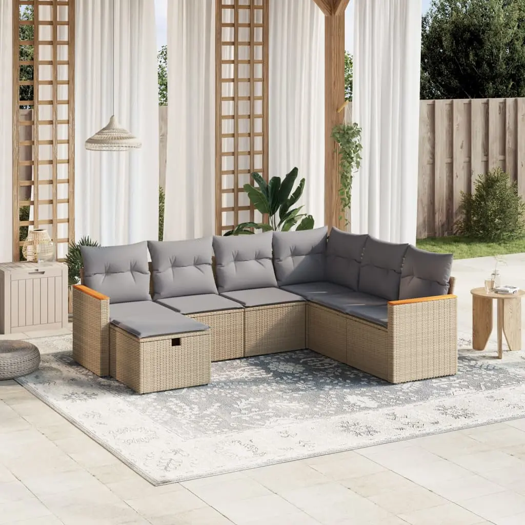 Set Divano da Giardino 7 pz con Cuscini Beige Misto Polyrattan