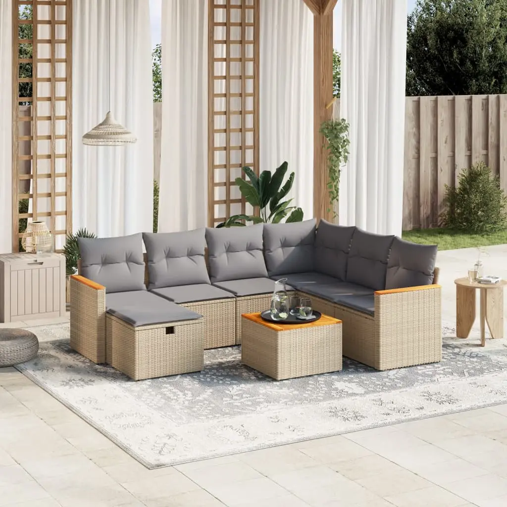 Set Divano da Giardino 8 pz con Cuscini Beige Misto Polyrattan