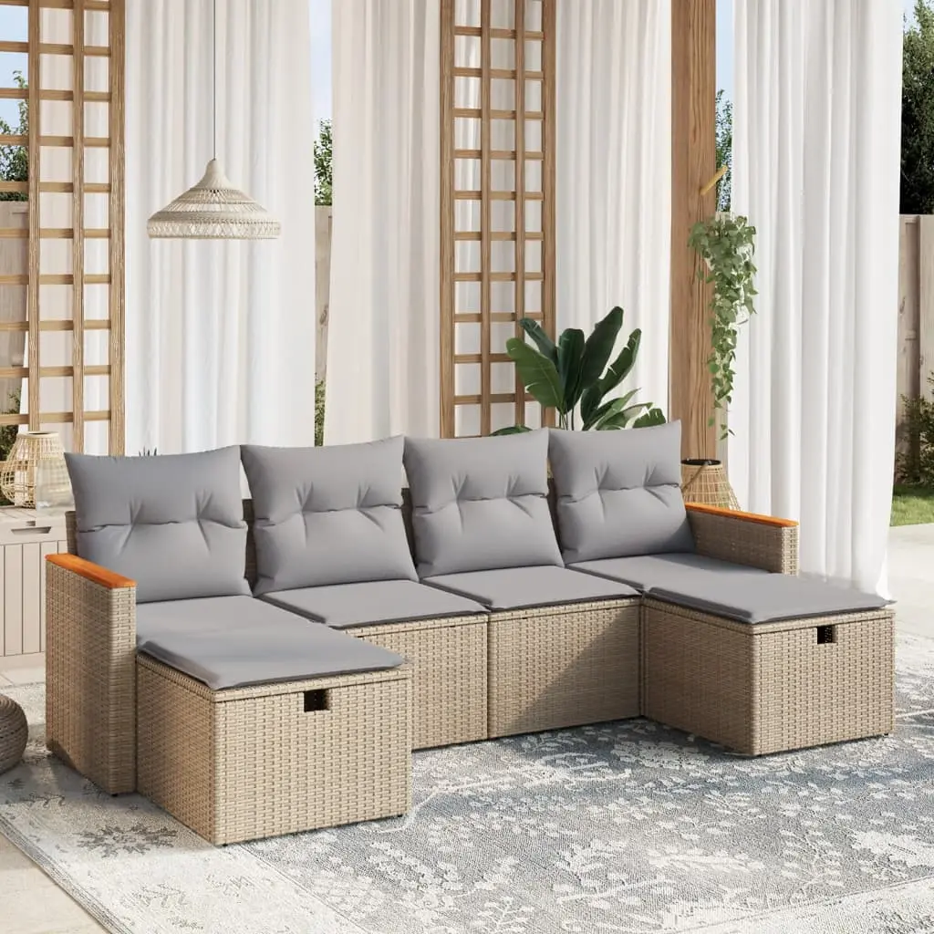 Set Divano da Giardino 6 pz con Cuscini Beige Misto Polyrattan