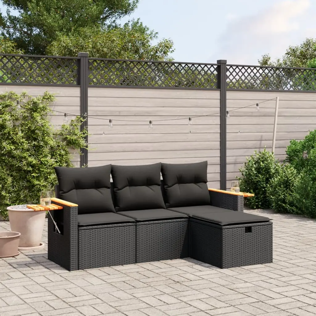 Set Divani da Giardino 4 pz con Cuscini Nero in Polyrattan