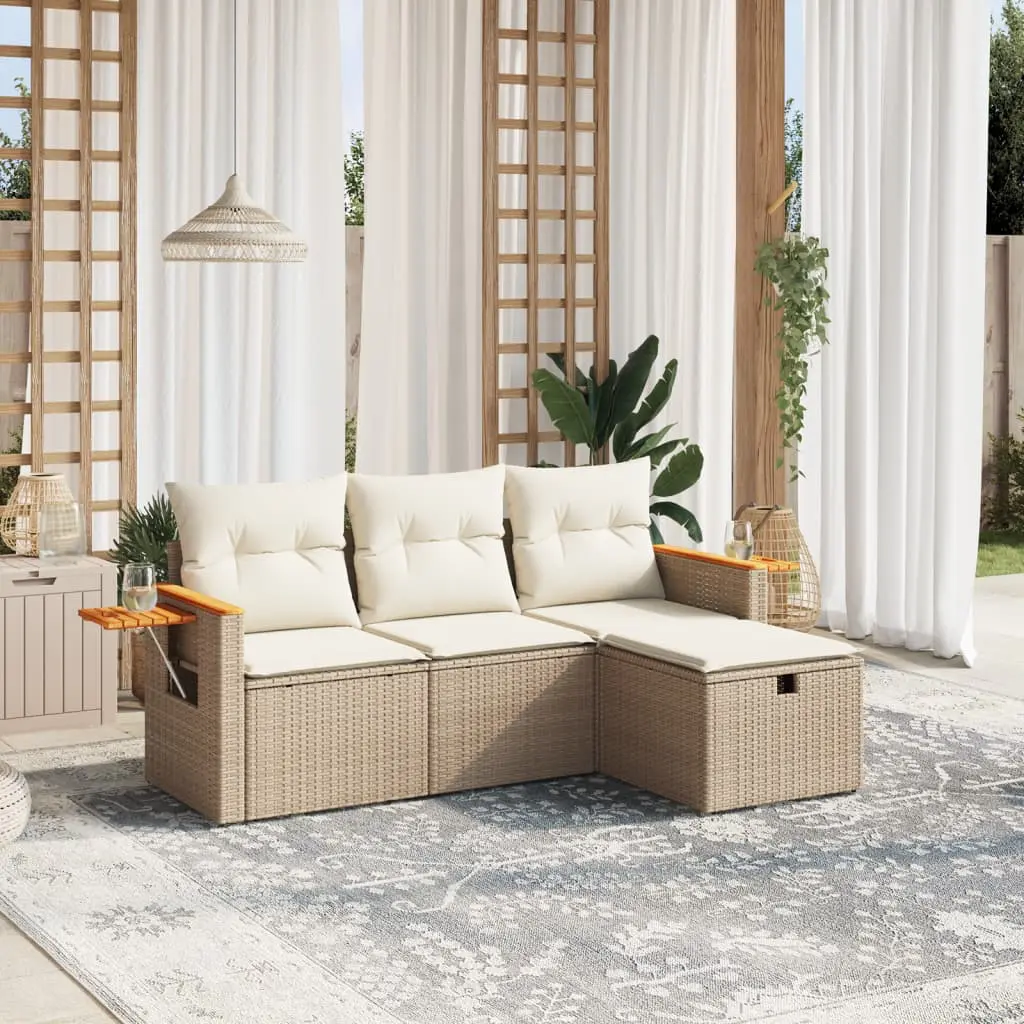 Set Divano da Giardino 4 pz con Cuscini Beige in Polyrattan