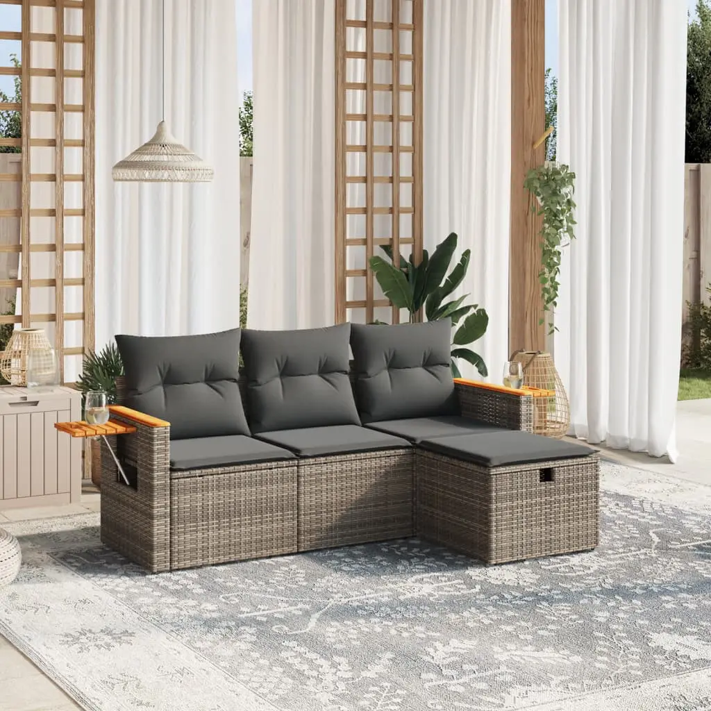 Set Divani da Giardino 4 pz con Cuscini in Polyrattan Grigio