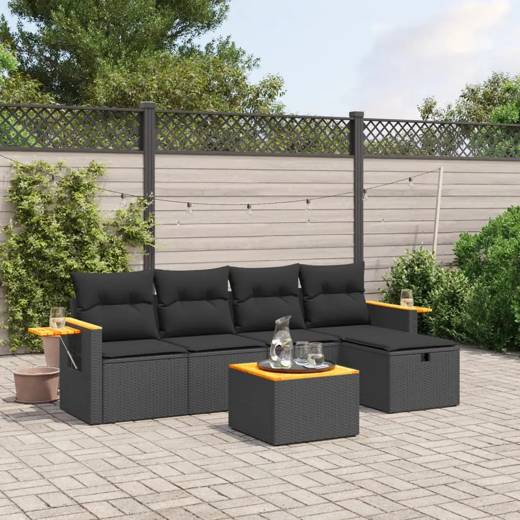 Set Divano da Giardino 6 pz con Cuscini Nero in Polyrattan