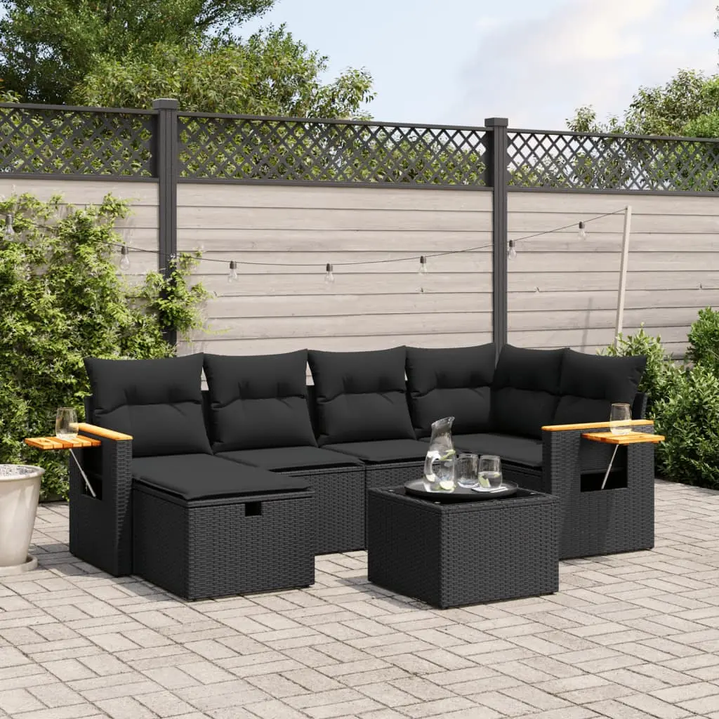 Set Divani da Giardino con Cuscini 7pz Nero Polyrattan