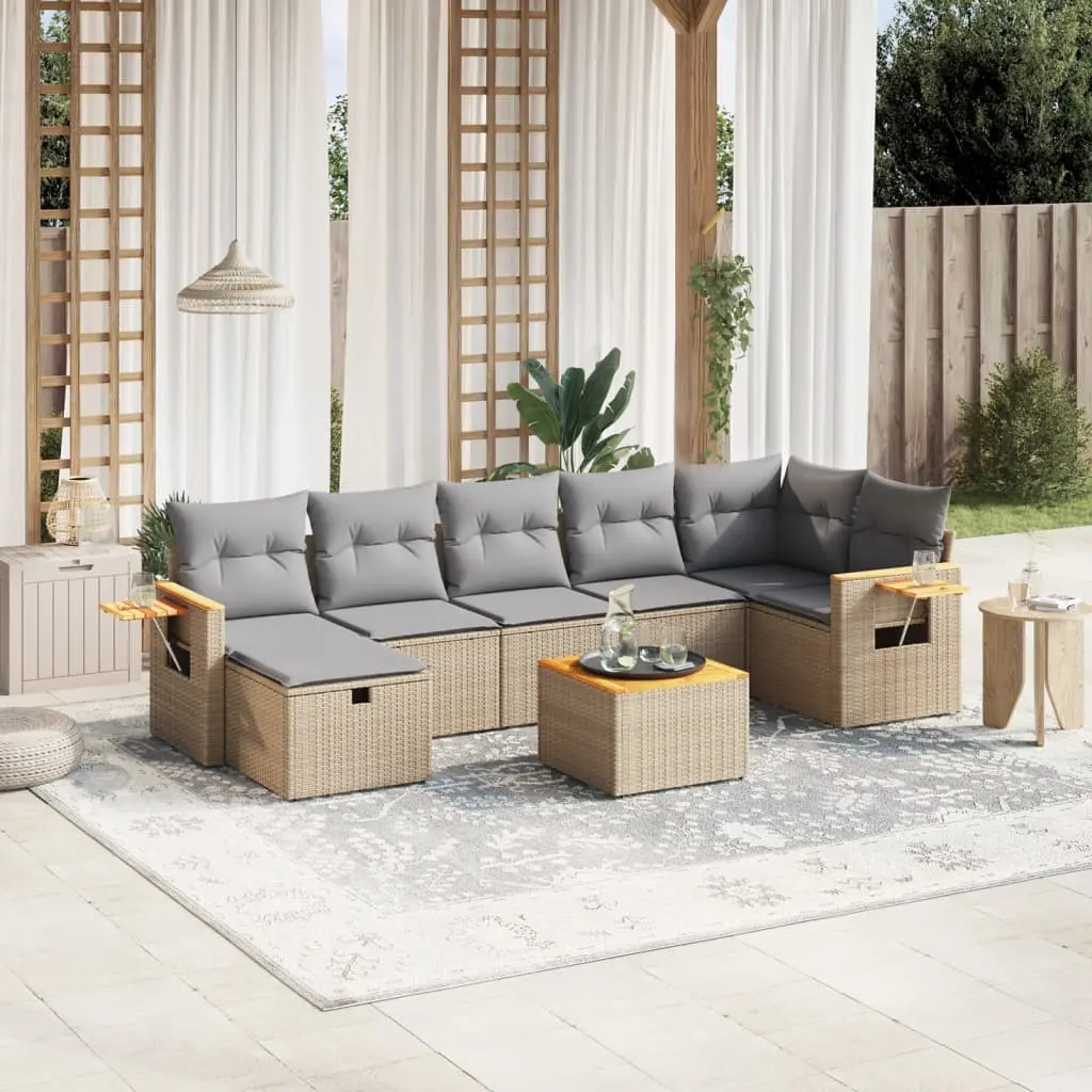 Set Divano da Giardino 8 pz con Cuscini Beige Misto Polyrattan