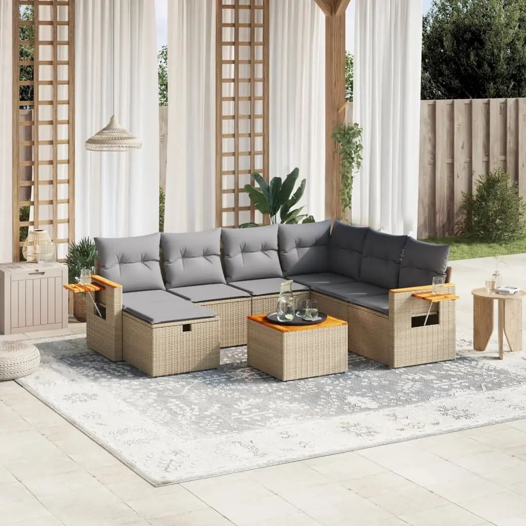 Set Divano da Giardino 8 pz con Cuscini Beige Misto Polyrattan