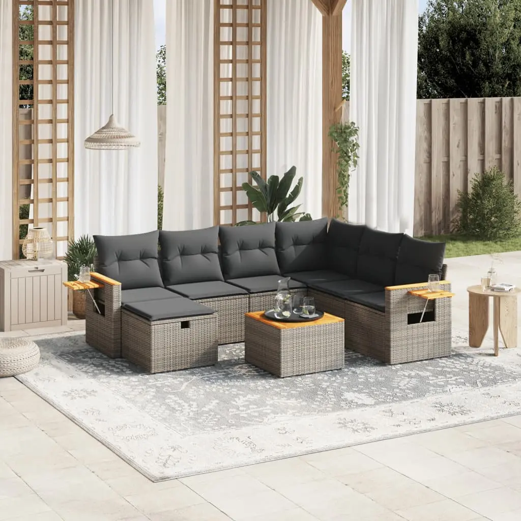 Set Divano da Giardino 8 pz con Cuscini Grigio in Polyrattan