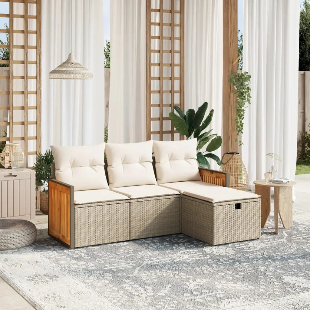 Set Divano da Giardino 4 pz con Cuscini Beige in Polyrattan