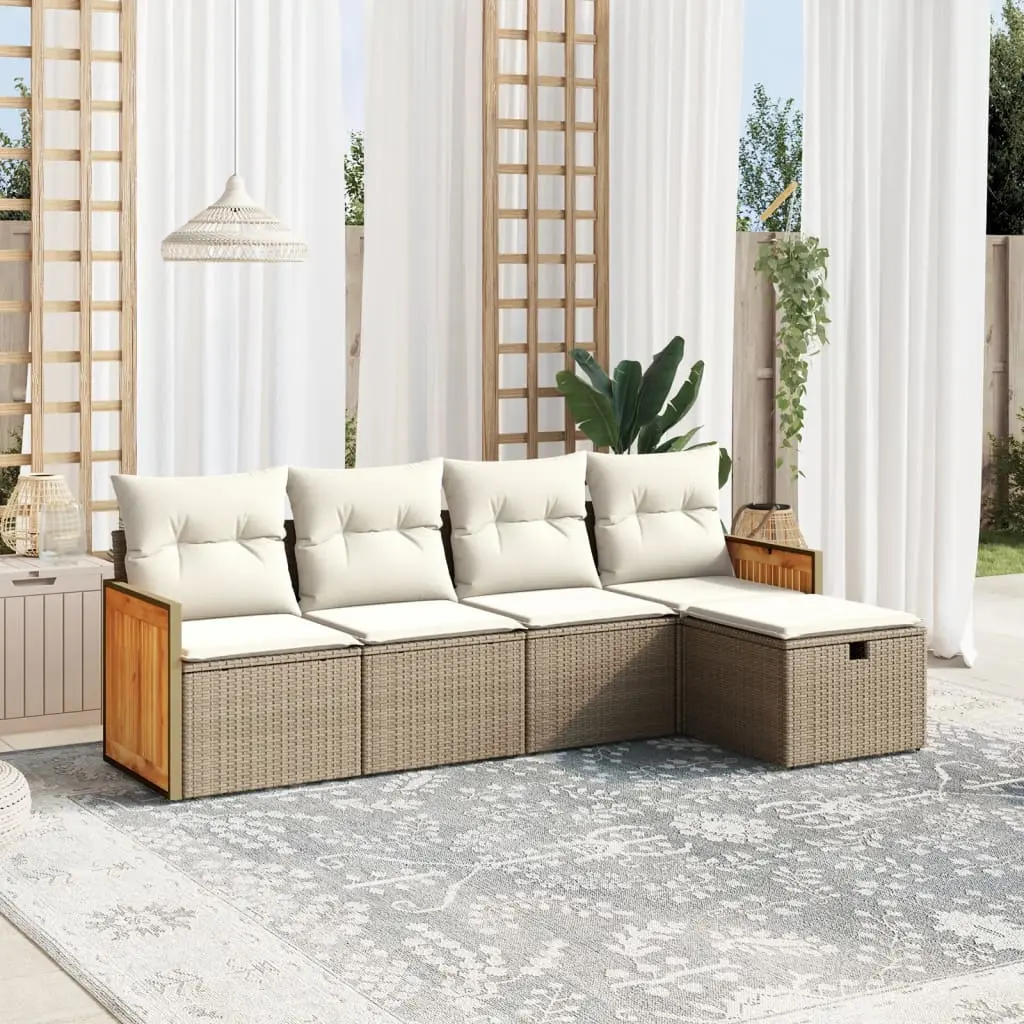 Set Divano da Giardino 5 pz con Cuscini Beige in Polyrattan