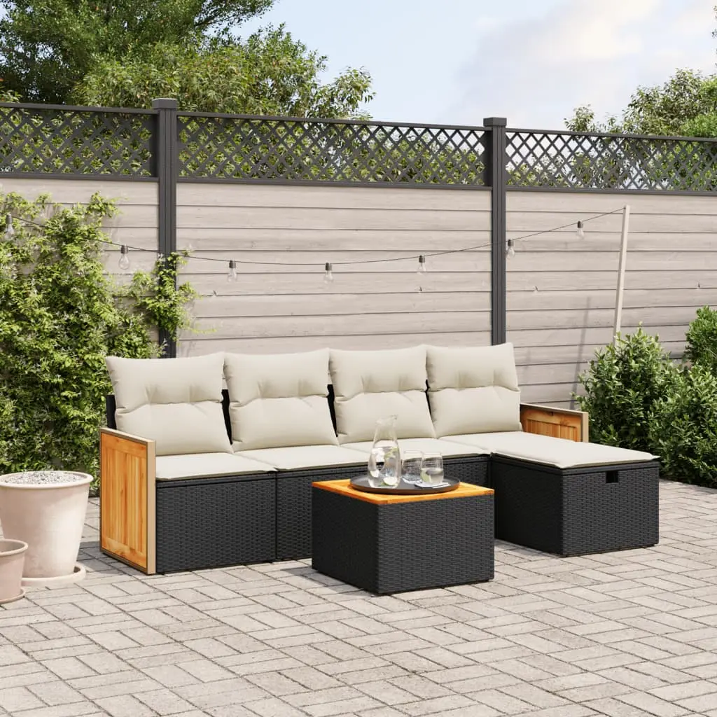 Set Divano da Giardino 6 pz con Cuscini Nero in Polyrattan