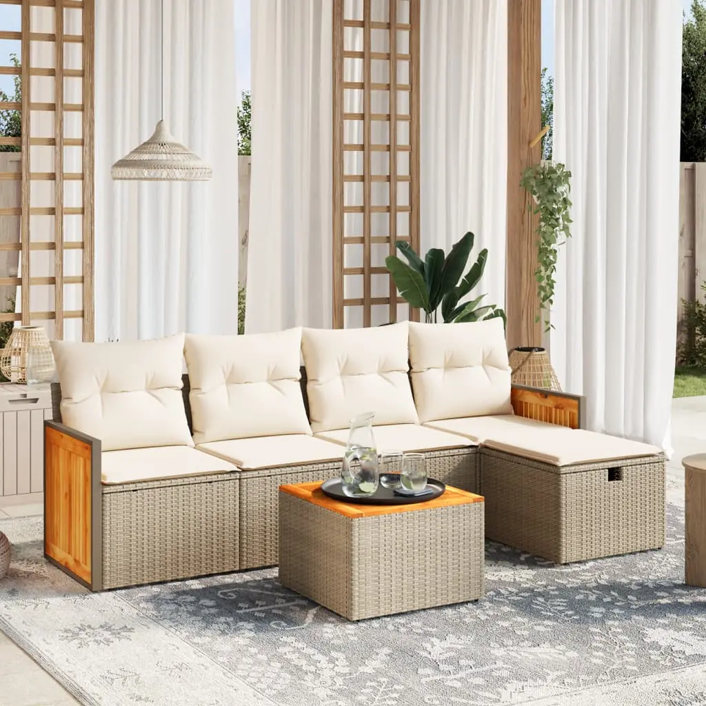 Set Divano da Giardino 6 pz con Cuscini Beige in Polyrattan