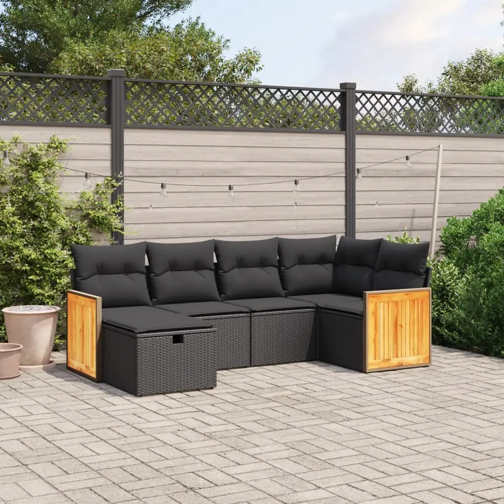 Set Divano da Giardino 6 pz con Cuscini Nero in Polyrattan