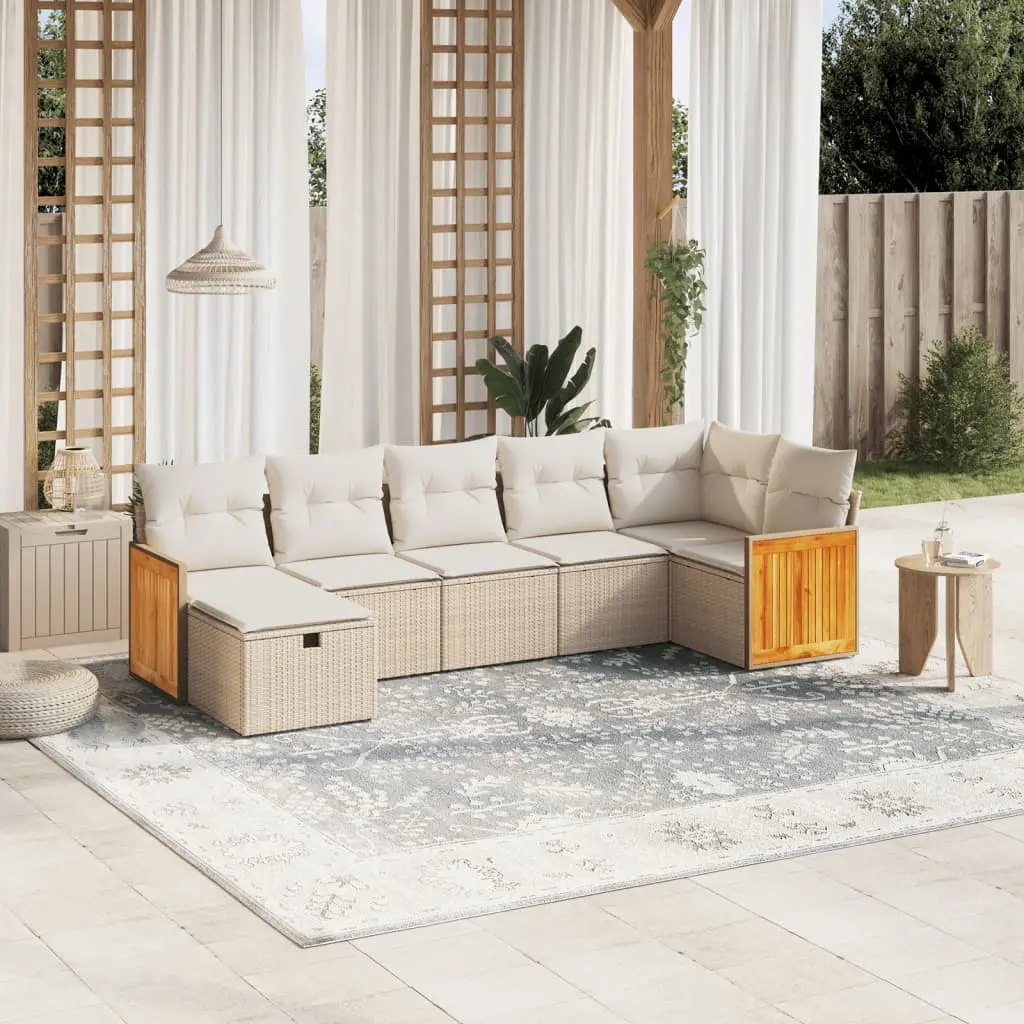 Set Divani da Giardino 7 pz con Cuscini Beige in Polyrattan