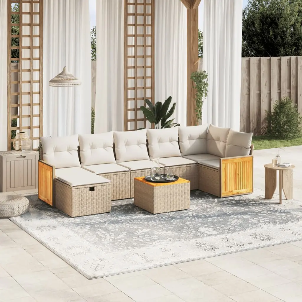 Set Divano da Giardino 8 pz con Cuscini Beige in Polyrattan