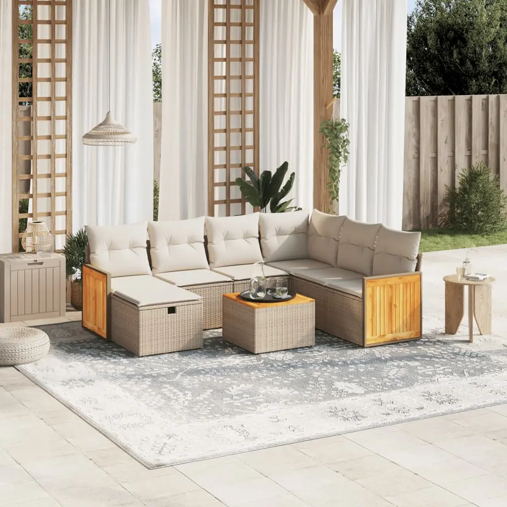 Set Divano da Giardino 8 pz con Cuscini Beige in Polyrattan