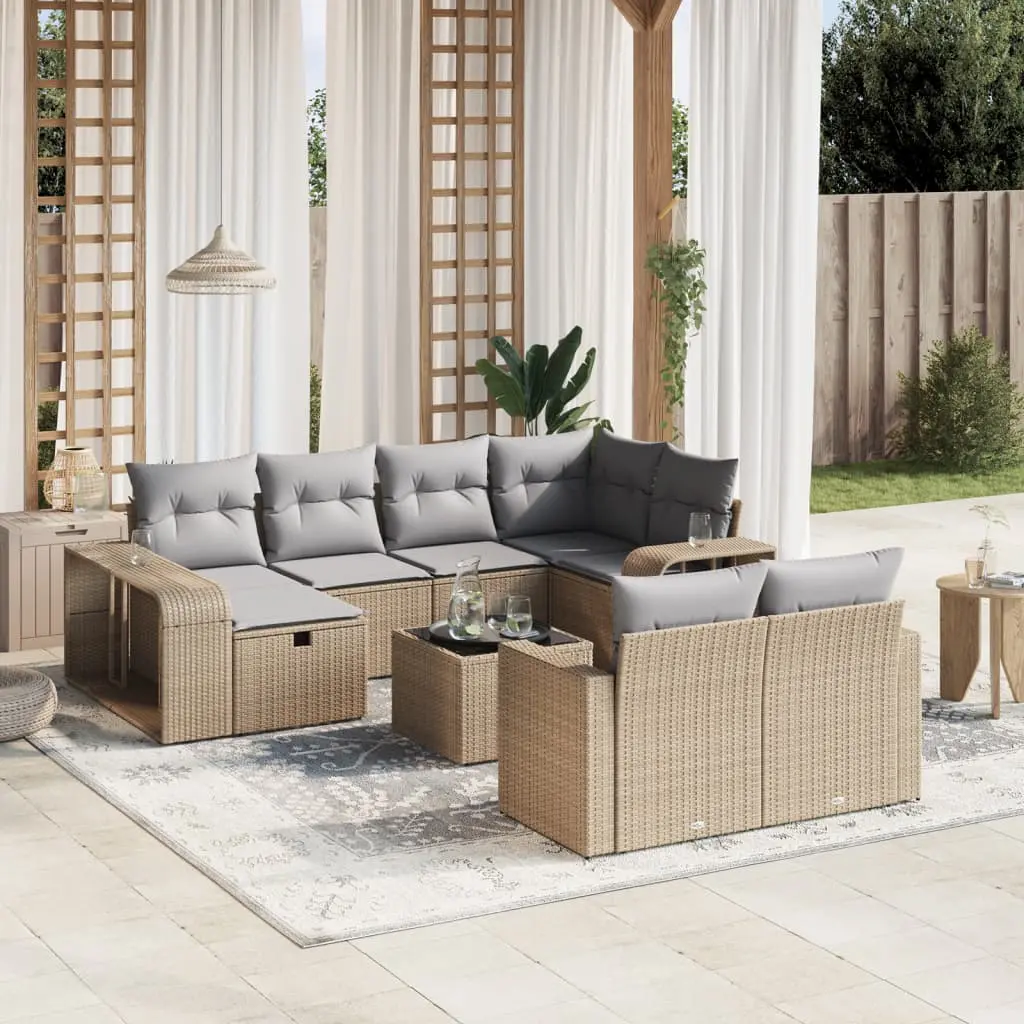 Set Divani da Giardino 11 pz con Cuscini Beige in Polyrattan