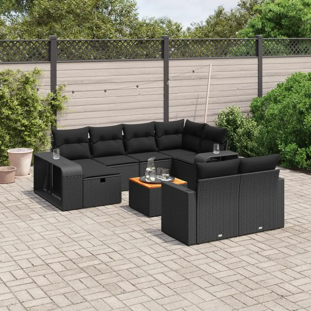 Set Divani da Giardino 11 pz con Cuscini in Polyrattan Nero