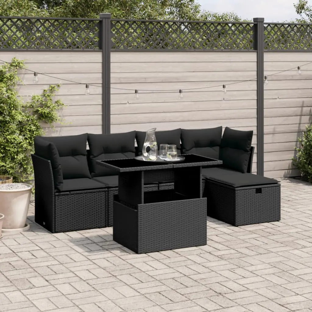 Set Divano da Giardino 6 pz con Cuscini Nero in Polyrattan